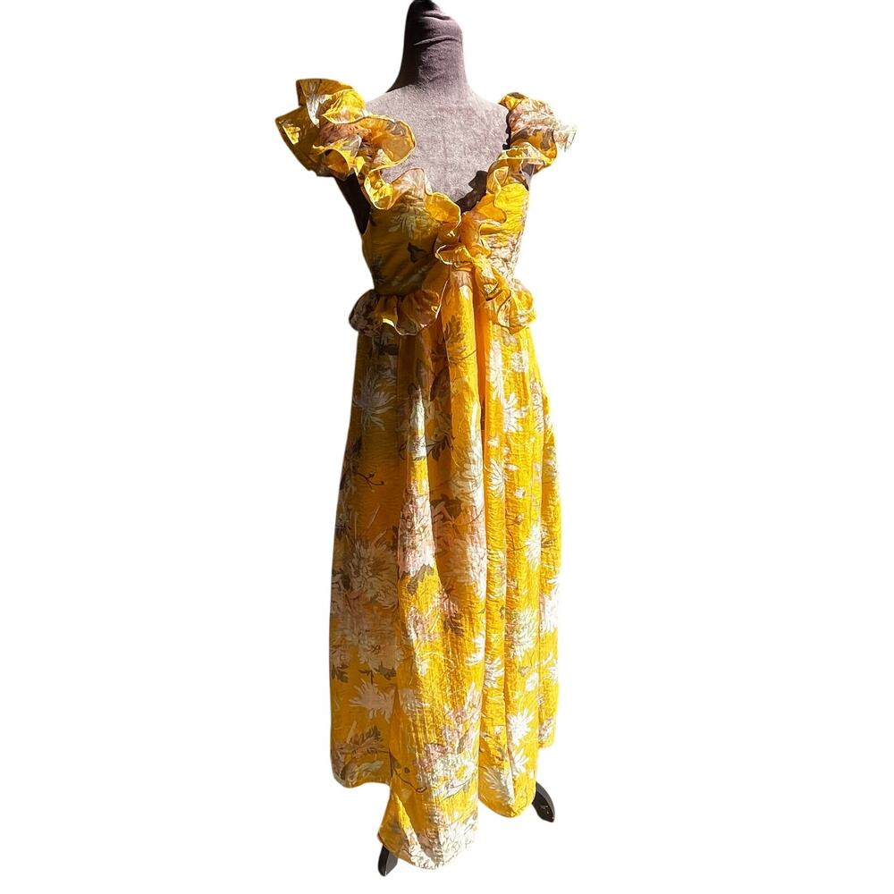 YELLOW FLORAL FLOUNCED TRIM MIDI MAXI SLEEVELESS DRESS SUMMER VACATION SZ S - Picture 3 of 6